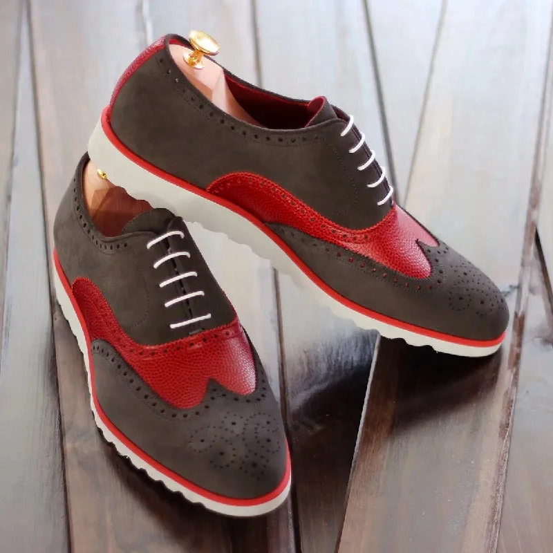 DapperFam Aeron in Grey / Red Men's Lux Suede & Italian Pebble Grain Leather Full Brogue Open - Lacing Derby Look DapperFam Aeron in Grey / Red Men's Lux Suede & Italian Pebble Grain Leather Full Brogue Open - Lacing Derby Look