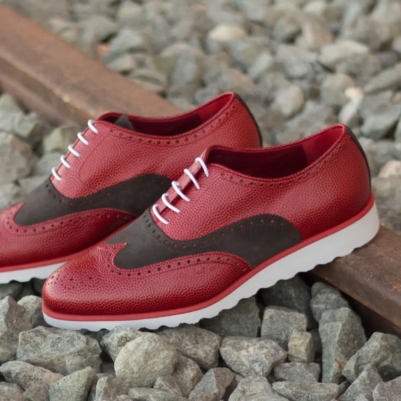 DapperFam Aeron in Red / Grey Men's Lux Suede & Italian Pebble Grain Leather Full Brogue Elastic - Sided Chelsea Look DapperFam Aeron in Red / Grey Men's Lux Suede & Italian Pebble Grain Leather Full Brogue Elastic - Sided Chelsea Look
