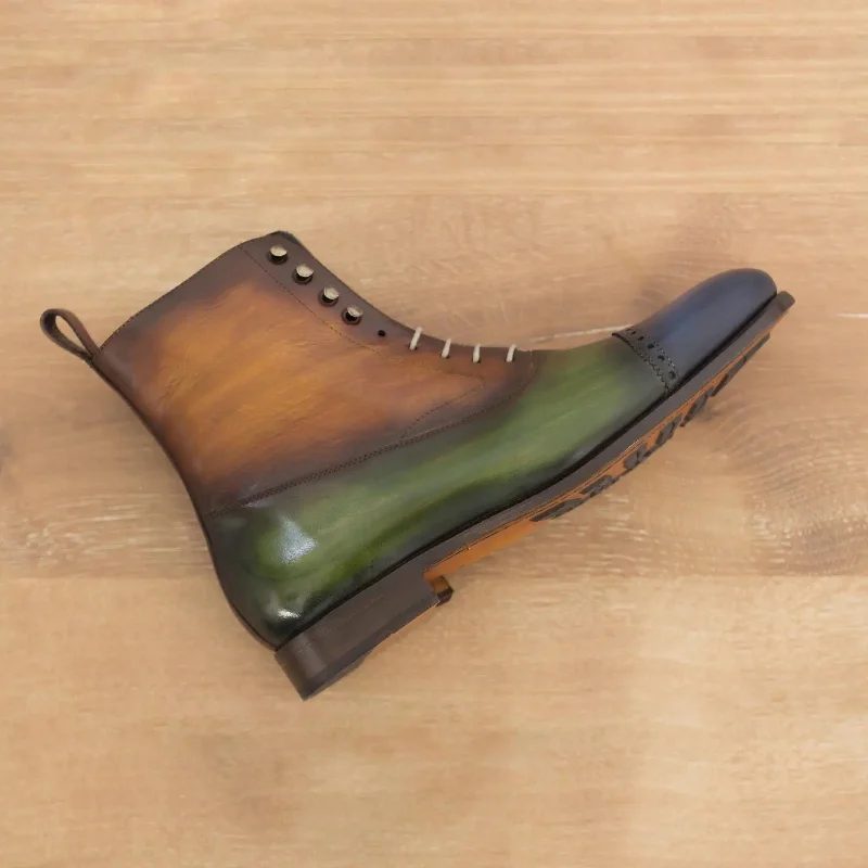 DapperFam Vittorio in Denim / Khaki / Cognac / Burgundy Men's Hand-Painted Patina Balmoral Boot Business Monk Strap Style DapperFam Vittorio in Denim / Khaki / Cognac / Burgundy Men's Hand-Painted Patina Balmoral Boot Business Monk Strap Style