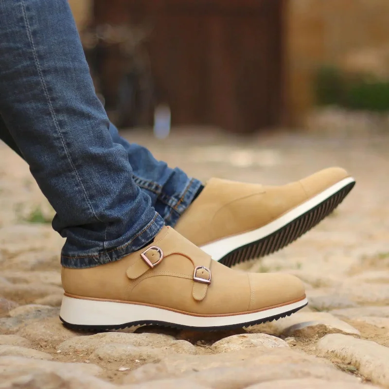 DapperFam Monaco in Sand Men's Lux Suede Double Monk Skateboarding Sneaker Style  