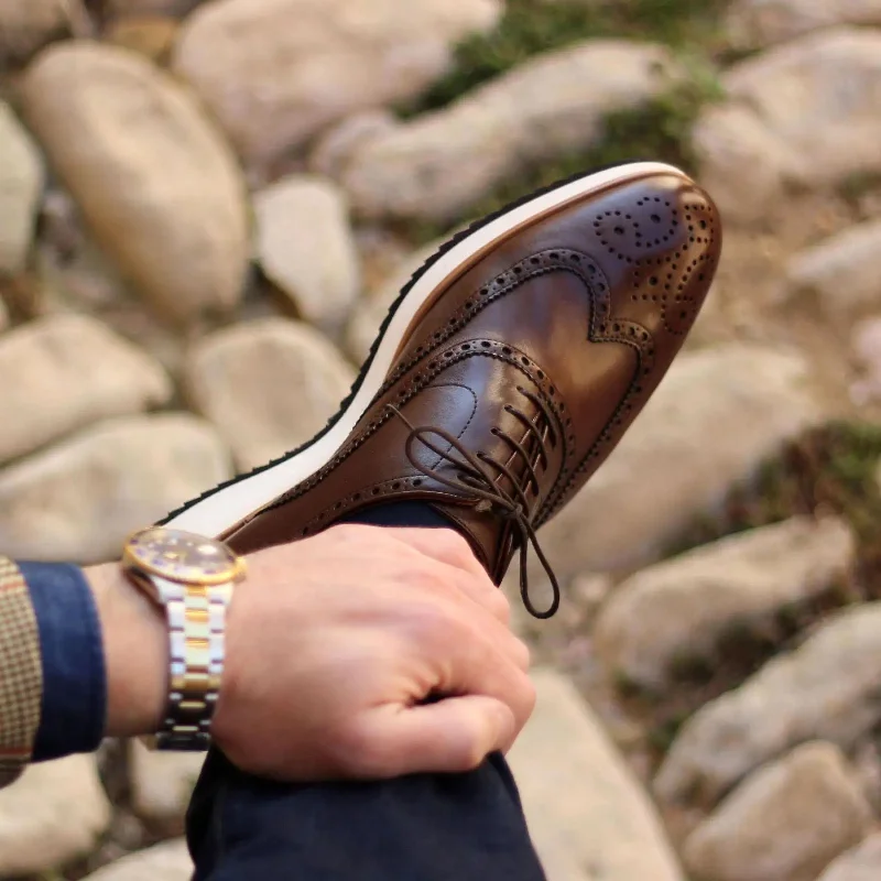 DapperFam Aeron in Dark Brown Men's Italian Leather Full Brogue Ankle - High Military Boot Style DapperFam Aeron in Dark Brown Men's Italian Leather Full Brogue Ankle - High Military Boot Style