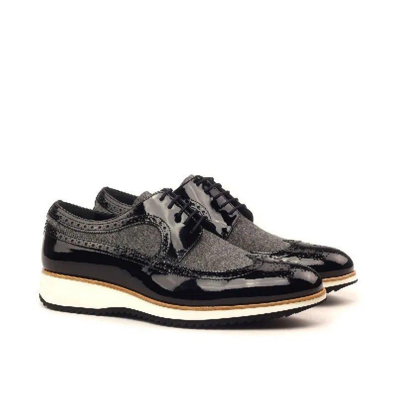 DapperFam Zephyr in Black / Light Grey Men's Flannel & Italian Patent Leather Longwing Blucher Tassel Driving Shoe Look DapperFam Zephyr in Black / Light Grey Men's Flannel & Italian Patent Leather Longwing Blucher Tassel Driving Shoe Look