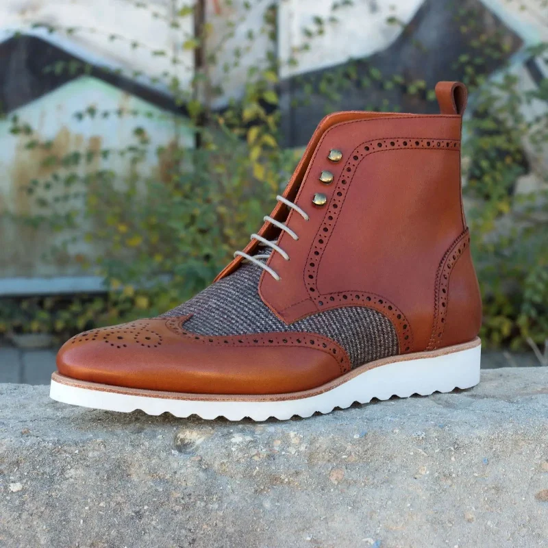 DapperFam Valiant in Tweed / Cognac Men's Sartorial & Italian Leather Military Brogue Chunky Platform Sneaker Style DapperFam Valiant in Tweed / Cognac Men's Sartorial & Italian Leather Military Brogue Chunky Platform Sneaker Style