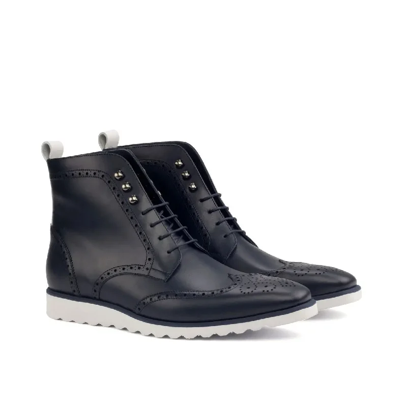 DapperFam Valiant in Navy / White Men's Italian Leather Military Brogue Buckle -