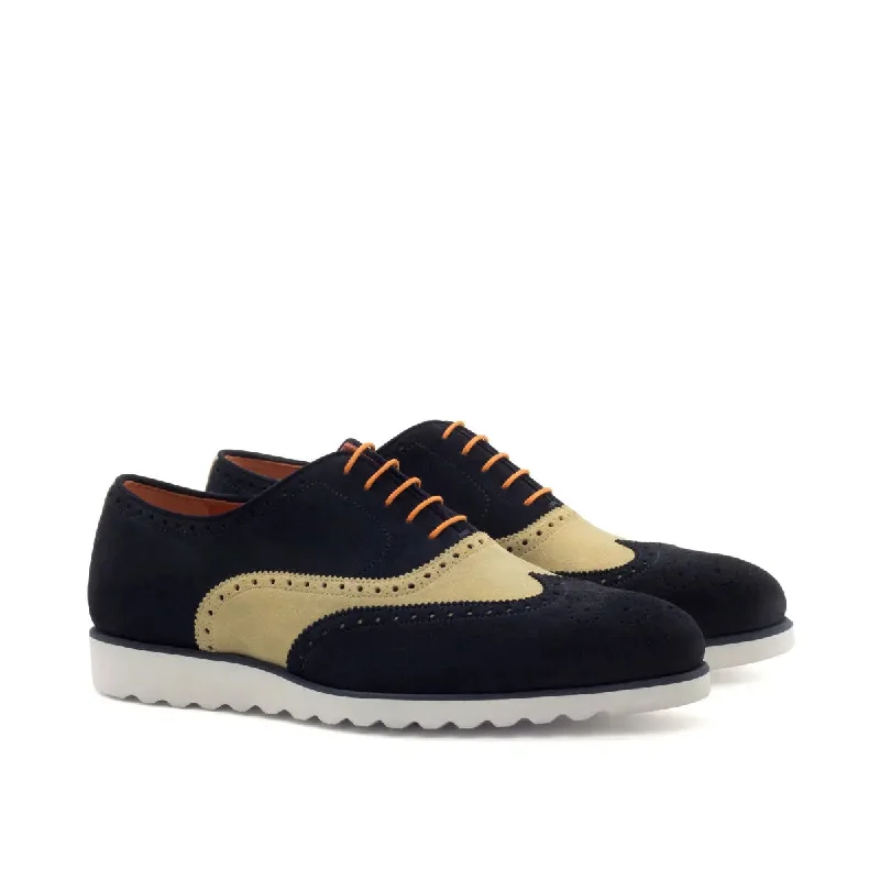 DapperFam Aeron in Navy / Sand Men's Lux Suede Full Brogue Leather Driving Shoe Style DapperFam Aeron in Navy / Sand Men's Lux Suede Full Brogue Leather Driving Shoe Style