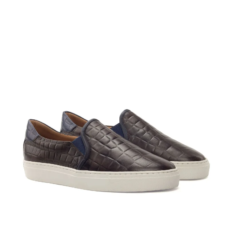 DapperFam Versado in Dark Brown / Navy Men's Italian Croco Embossed Leather Slip On Open - Lacing Derby Look DapperFam Versado in Dark Brown / Navy Men's Italian Croco Embossed Leather Slip On Open - Lacing Derby Look