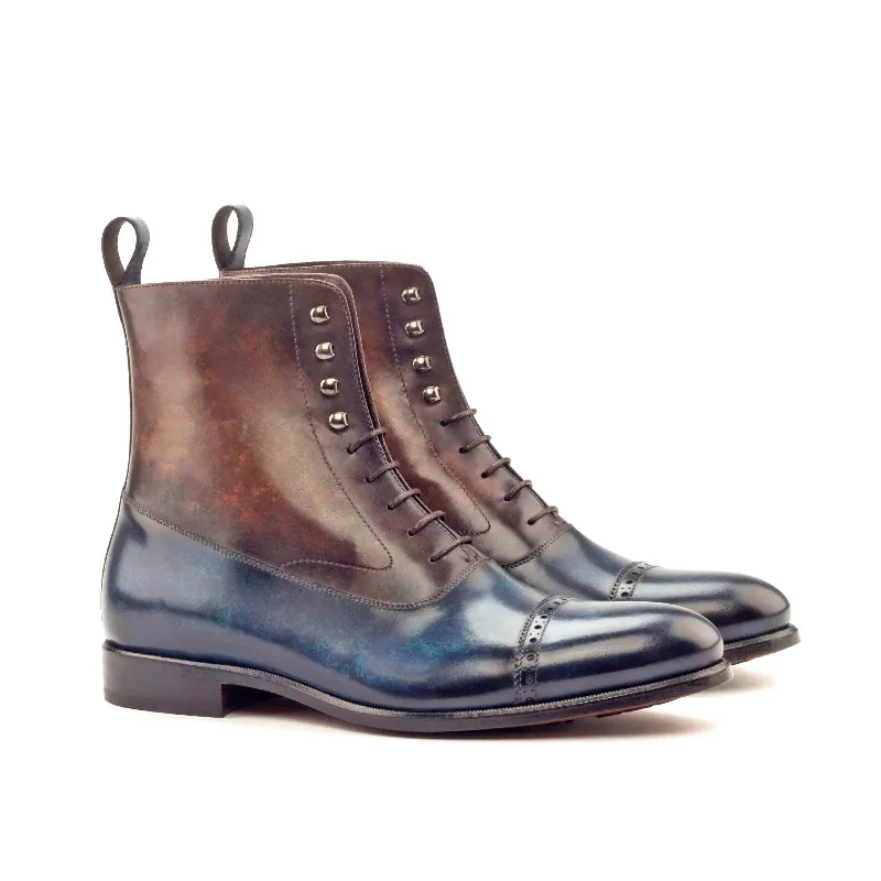 DapperFam Vittorio in Denim / Brown Men's Hand-Painted Patina Balmoral Boot Patchwork Shoe Aesthetic DapperFam Vittorio in Denim / Brown Men's Hand-Painted Patina Balmoral Boot Patchwork Shoe Aesthetic