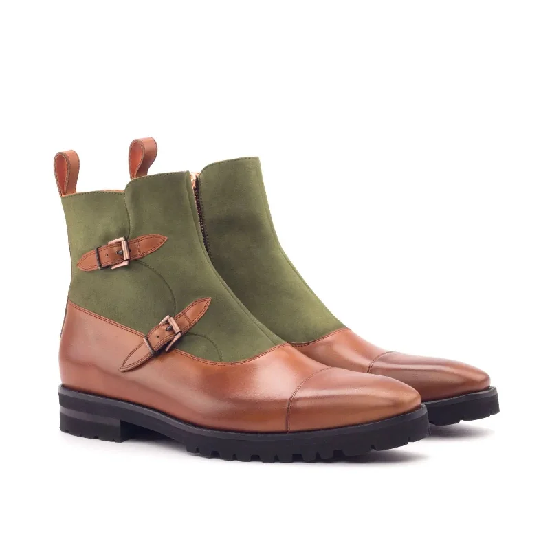 DapperFam Octavian in Cognac / Khaki Men's Italian Leather & Italian Suede Buckle Boot Athleisure Derby Style DapperFam Octavian in Cognac / Khaki Men's Italian Leather & Italian Suede Buckle Boot Athleisure Derby Style