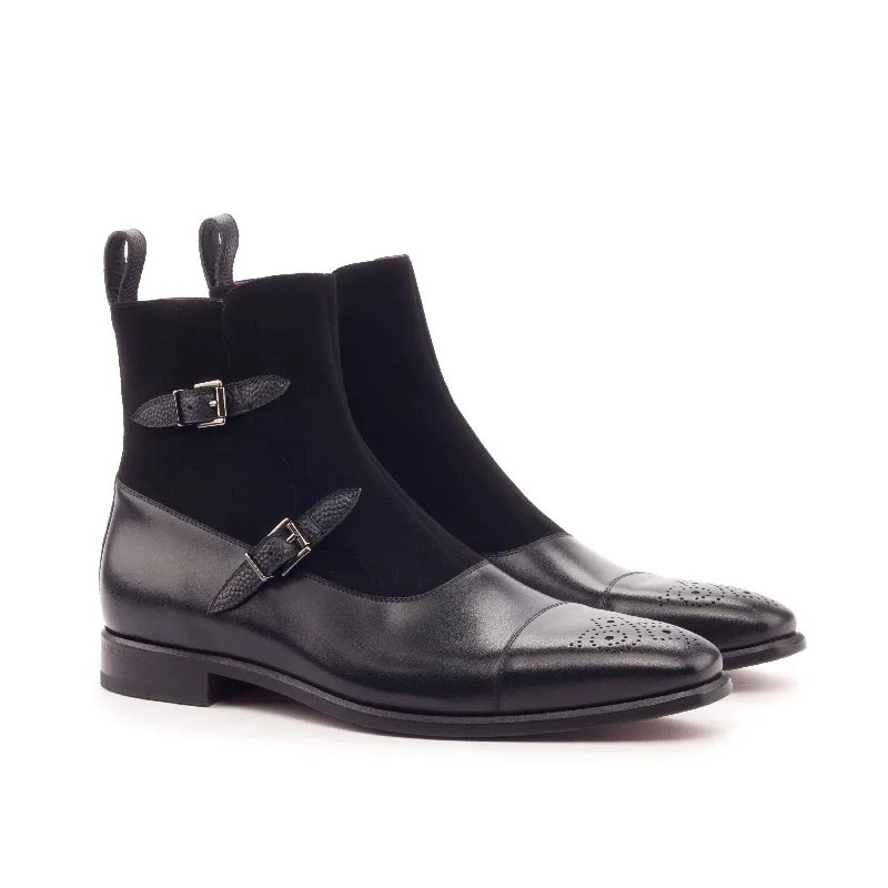 DapperFam Octavian in Black Men's Italian Suede & Italian Pebble Grain Leather Buckle Boot Quilted Shoe Design DapperFam Octavian in Black Men's Italian Suede & Italian Pebble Grain Leather Buckle Boot Quilted Shoe Design
