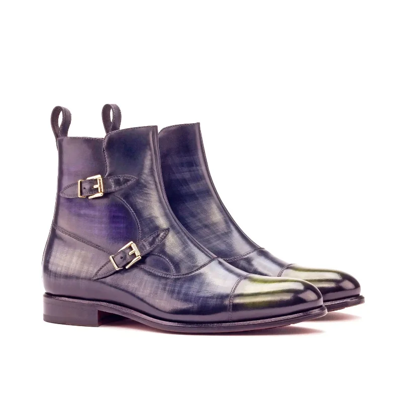 DapperFam Octavian in Grey / Purple / Khaki Men's Hand-Painted Patina Buckle Boot Victorian - Era Boot Style DapperFam Octavian in Grey / Purple / Khaki Men's Hand-Painted Patina Buckle Boot Victorian - Era Boot Style