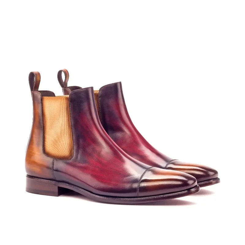 DapperFam Monza in Cognac / Burgundy Men's Hand-Painted Patina Chelsea Boot Bespoke Shoe Aesthetic DapperFam Monza in Cognac / Burgundy Men's Hand-Painted Patina Chelsea Boot Bespoke Shoe Aesthetic