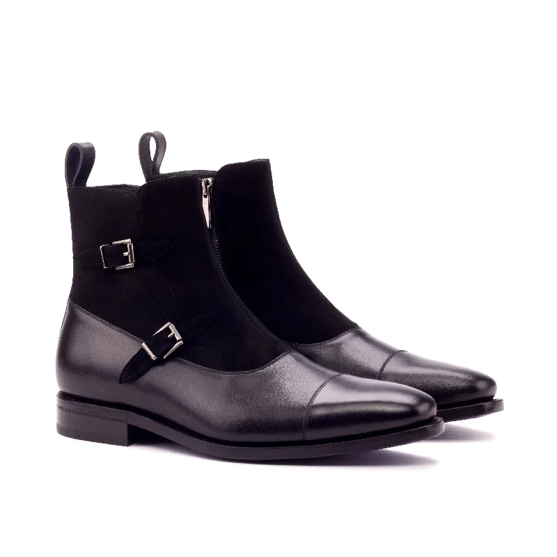 DapperFam Octavian in Black Men's Italian Leather & Italian Suede Buckle Boot Strap - Up Sandal Resort Style  