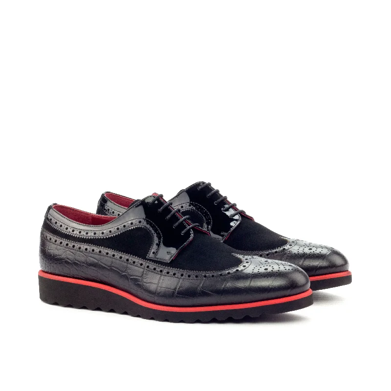 DapperFam Zephyr in Black Men's Italian Embossed Leather & Suede Longwing Blucher Distressed Leather Shoe Style DapperFam Zephyr in Black Men's Italian Embossed Leather & Suede Longwing Blucher Distressed Leather Shoe Style