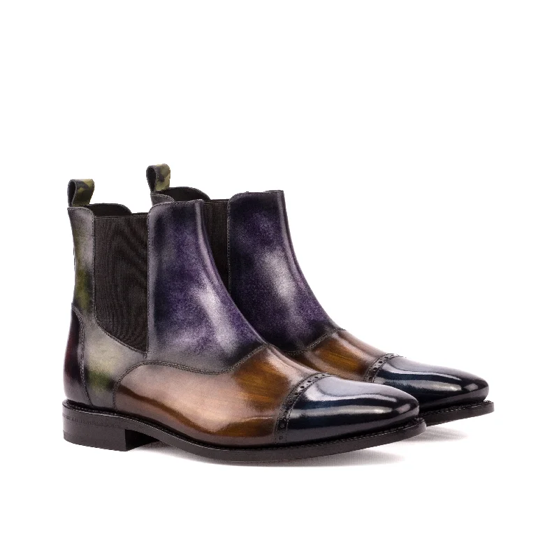 DapperFam Vesuvio in Denim / Burgundy / Purple / Khaki / Cognac Men's Hand-Painted Patina Chelsea Multi Boot Paisley Print Shoe Design  