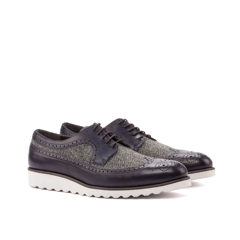 DapperFam Zephyr in Herringbone / Navy Men's Sartorial & Italian Leather Longwing Blucher Sustainable Shoe Design DapperFam Zephyr in Herringbone / Navy Men's Sartorial & Italian Leather Longwing Blucher Sustainable Shoe Design