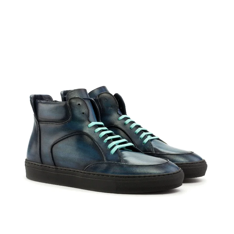 DapperFam Dante in Navy Men's Italian Leather High Top Retro Plimsoll Style  