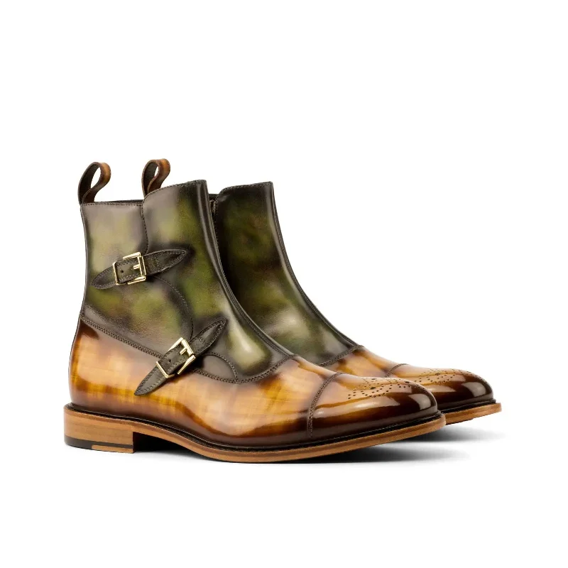 DapperFam Octavian in Cognac / Green Men's Hand-Painted Patina Buckle Boot Striped Shoe Style DapperFam Octavian in Cognac / Green Men's Hand-Painted Patina Buckle Boot Striped Shoe Style