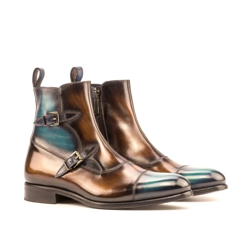 DapperFam Octavian in Brown / Turquoise / Denim Men's Hand-Painted Patina Buckle Boot Hip - Hop Sneaker Style DapperFam Octavian in Brown / Turquoise / Denim Men's Hand-Painted Patina Buckle Boot Hip - Hop Sneaker Style