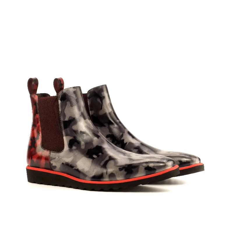 DapperFam Monza in Grey Camo / Burgundy Camo Men's Hand-Painted Patina Chelsea Boot Hiking Boot Durability Style DapperFam Monza in Grey Camo / Burgundy Camo Men's Hand-Painted Patina Chelsea Boot Hiking Boot Durability Style