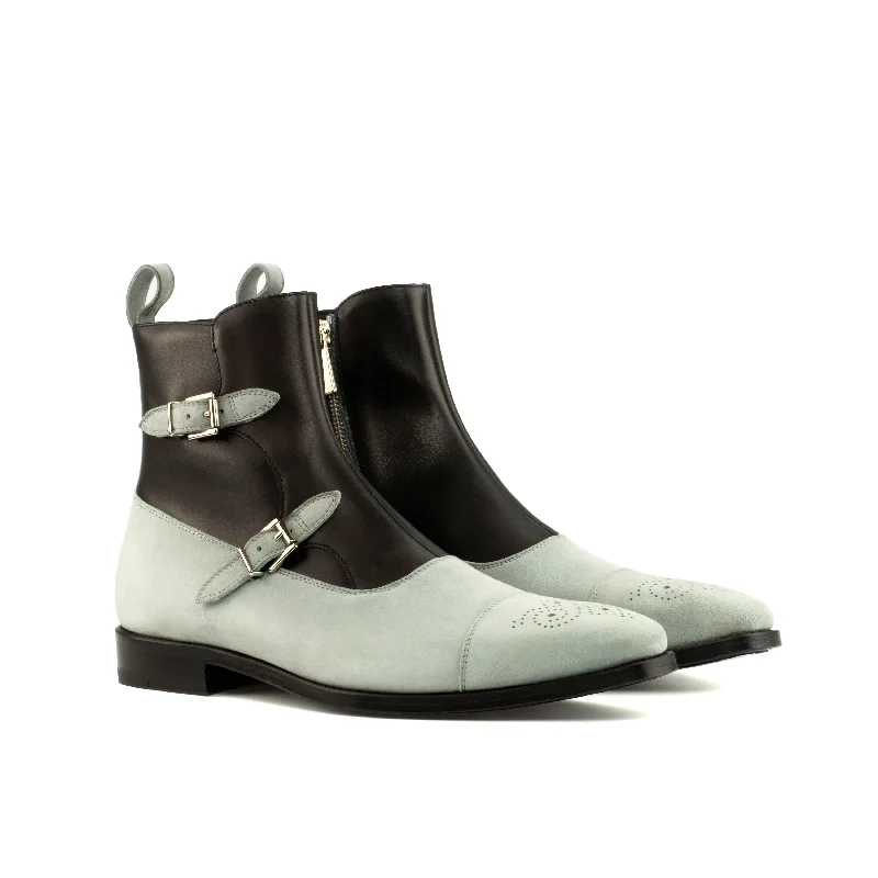 DapperFam Octavian in Light Grey / Black Men's Italian Leather & Suede Buckle Boot Retro Plimsoll Style DapperFam Octavian in Light Grey / Black Men's Italian Leather & Suede Buckle Boot Retro Plimsoll Style