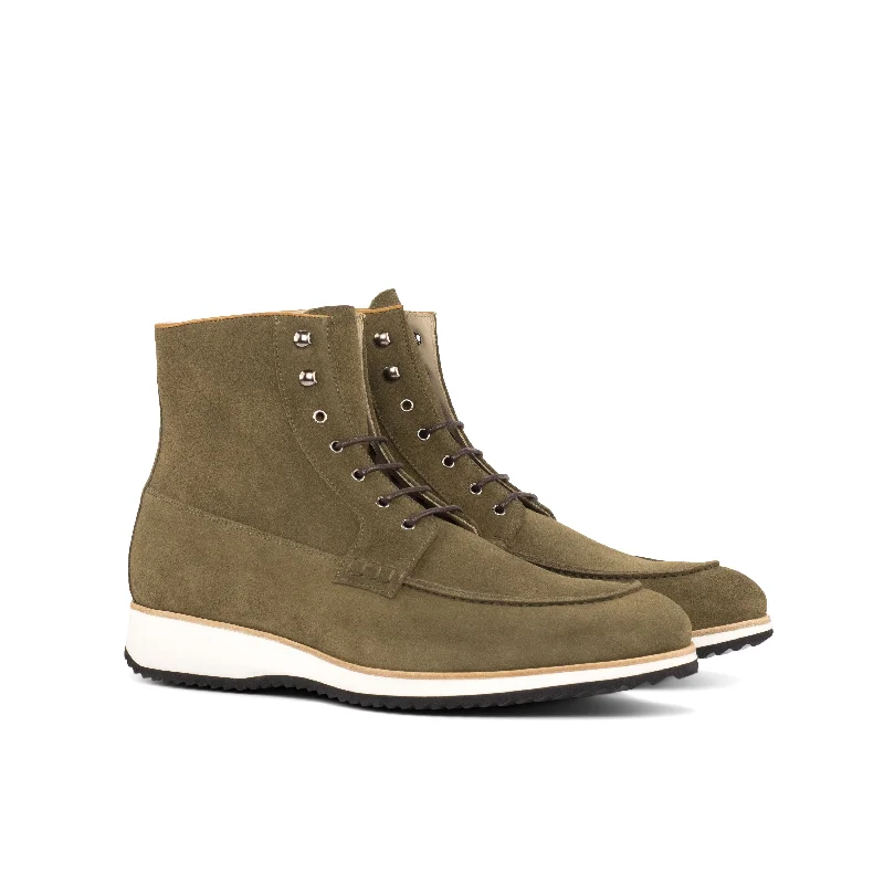 DapperFam Ryker in Khaki / Cognac Men's Italian Leather & Lux Suede Moc Boot Open - Lacing Derby Look DapperFam Ryker in Khaki / Cognac Men's Italian Leather & Lux Suede Moc Boot Open - Lacing Derby Look