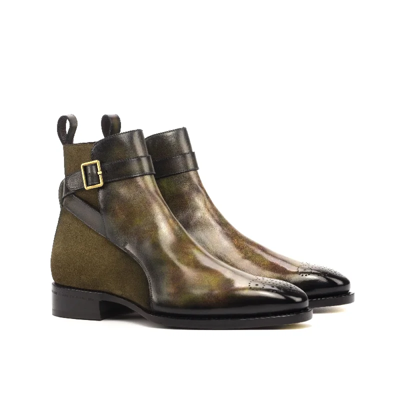 DapperFam Rohan in Khaki / Green Men's Lux Suede & Hand-Painted Patina Jodhpur Boot Neon - Accent Sneaker Look  