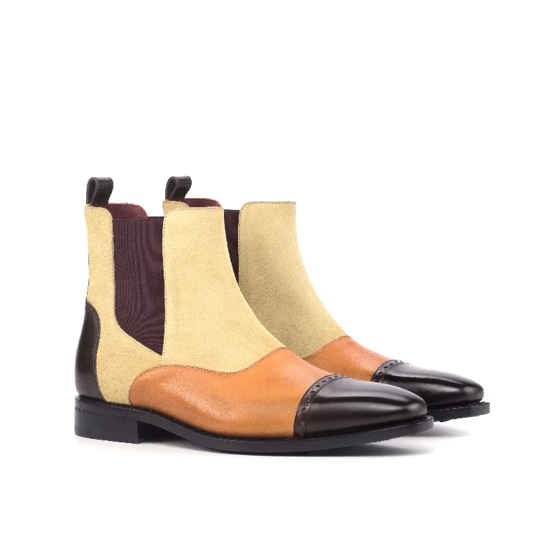 DapperFam Vesuvio in Dark Brown / Cognac / Sand Men's Lux Suede & Italian Leather Chelsea Multi Boot Distressed Leather Shoe Style DapperFam Vesuvio in Dark Brown / Cognac / Sand Men's Lux Suede & Italian Leather Chelsea Multi Boot Distressed Leather Shoe Style