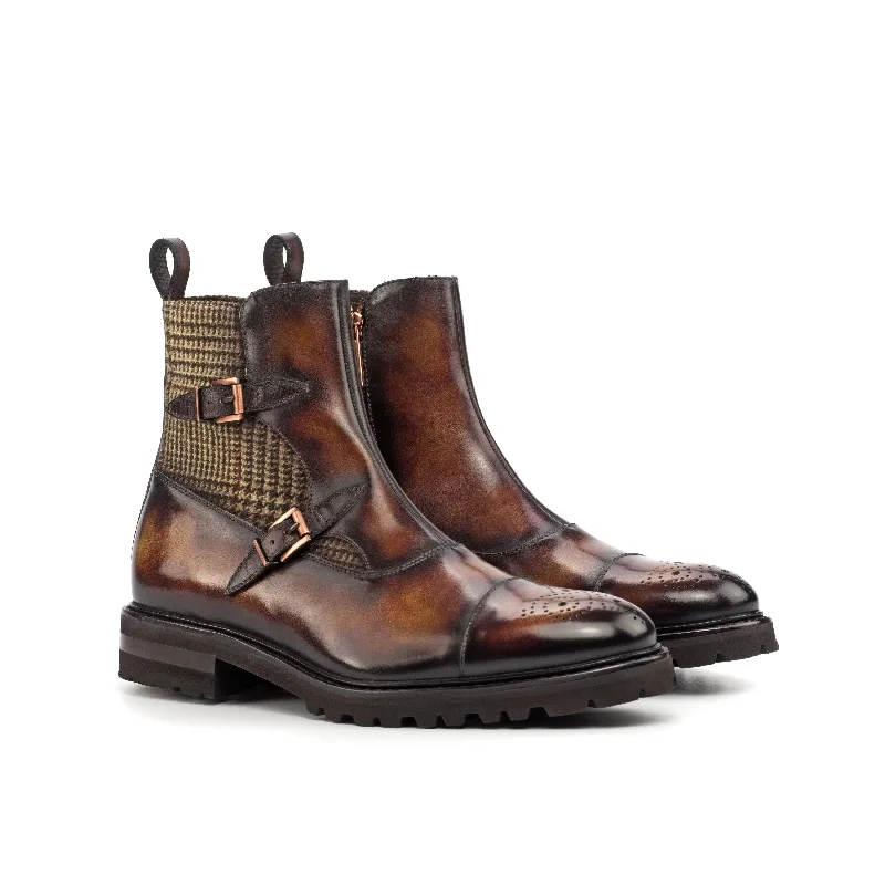 DapperFam Octavian in Tweed / Fire Men's Sartorial & Hand-Painted Patina Buckle Boot Art Deco - Inspired Shoe Look DapperFam Octavian in Tweed / Fire Men's Sartorial & Hand-Painted Patina Buckle Boot Art Deco - Inspired Shoe Look
