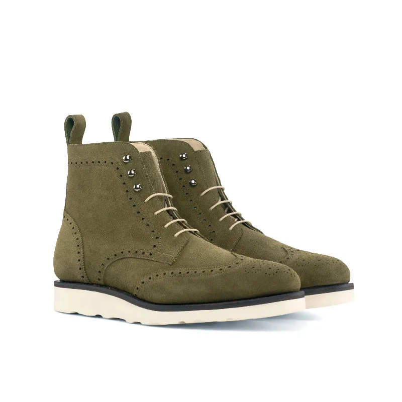 DapperFam Valiant in Khaki Men's Lux Suede Military Brogue Striped Shoe Style  