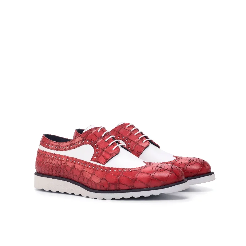 DapperFam Zephyr in White / Red / Black Men's Italian Croco Embossed Leather Longwing Blucher Bespoke Shoe Aesthetic DapperFam Zephyr in White / Red / Black Men's Italian Croco Embossed Leather Longwing Blucher Bespoke Shoe Aesthetic