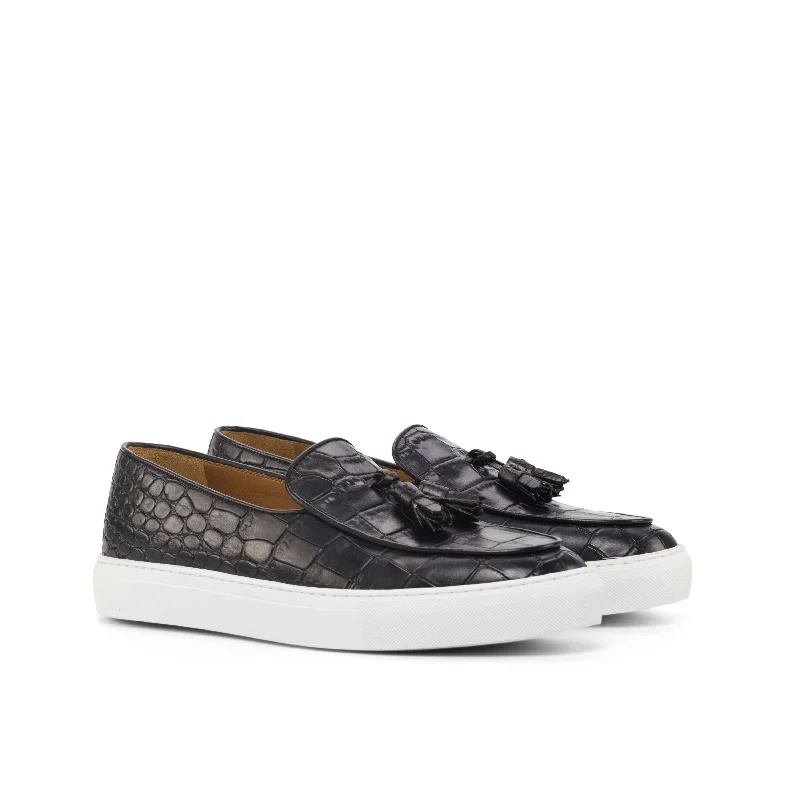 DapperFam King in Black Men's Italian Croco Embossed Leather Belgian Sneaker Two - Tone Shoe Design DapperFam King in Black Men's Italian Croco Embossed Leather Belgian Sneaker Two - Tone Shoe Design
