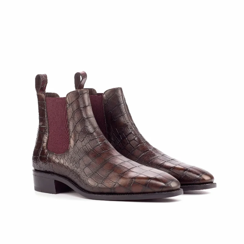 DapperFam Monza in Dark Brown / Burgundy Men's Italian Croco Embossed Leather Chelsea Boot Slide Sandal Beach Style DapperFam Monza in Dark Brown / Burgundy Men's Italian Croco Embossed Leather Chelsea Boot Slide Sandal Beach Style