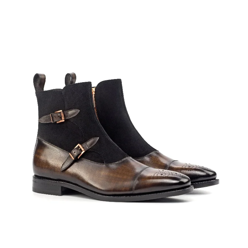 DapperFam Octavian in Brown / Black Men's Lux Suede & Hand-Painted Patina Buckle Boot Patchwork Shoe Aesthetic DapperFam Octavian in Brown / Black Men's Lux Suede & Hand-Painted Patina Buckle Boot Patchwork Shoe Aesthetic