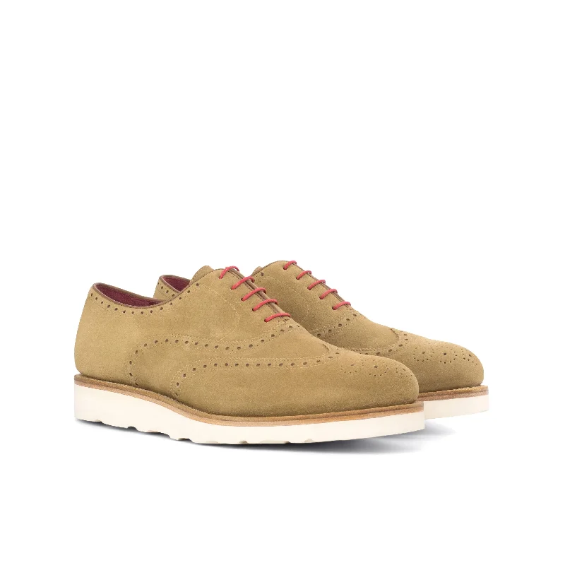 DapperFam Aeron in Camel Men's Lux Suede Full Brogue Buckle -