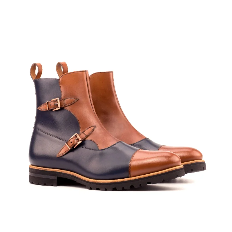 DapperFam Octavian in Med Brown / Navy Men's Italian Leather Buckle Boot Blue Coast Loafer Aesthetic DapperFam Octavian in Med Brown / Navy Men's Italian Leather Buckle Boot Blue Coast Loafer Aesthetic