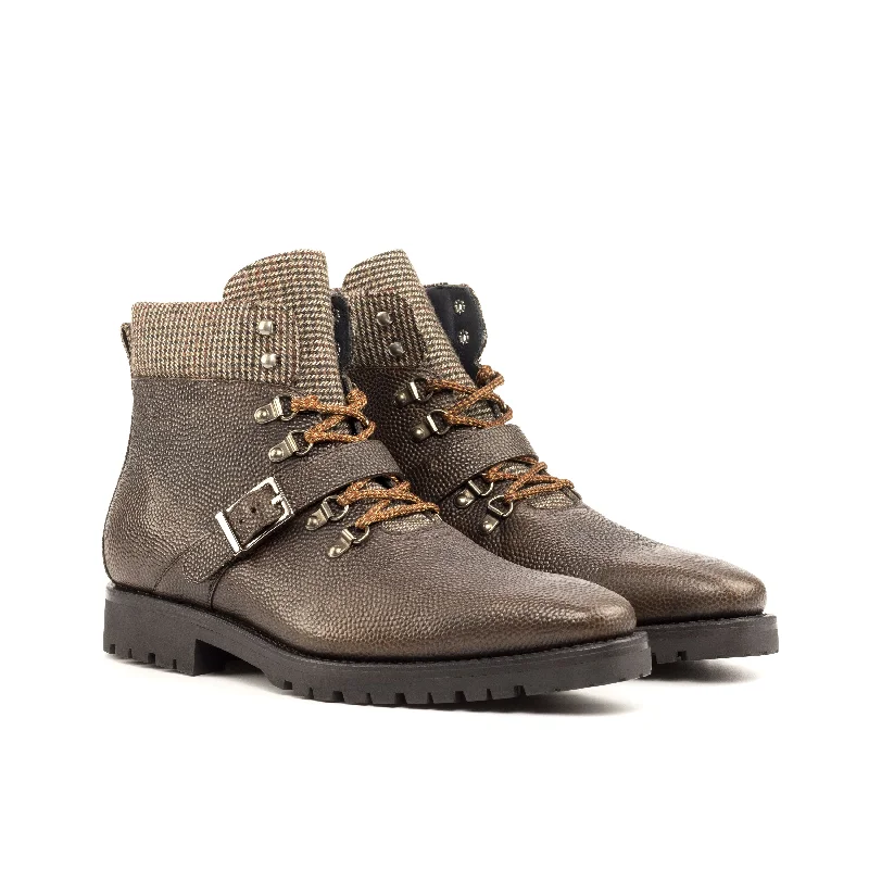 DapperFam Everest in Tweed / Dark Brown Men's Sartorial & Italian Pebble Grain Leather Hiking Boot Slide Sandal Beach Style DapperFam Everest in Tweed / Dark Brown Men's Sartorial & Italian Pebble Grain Leather Hiking Boot Slide Sandal Beach Style