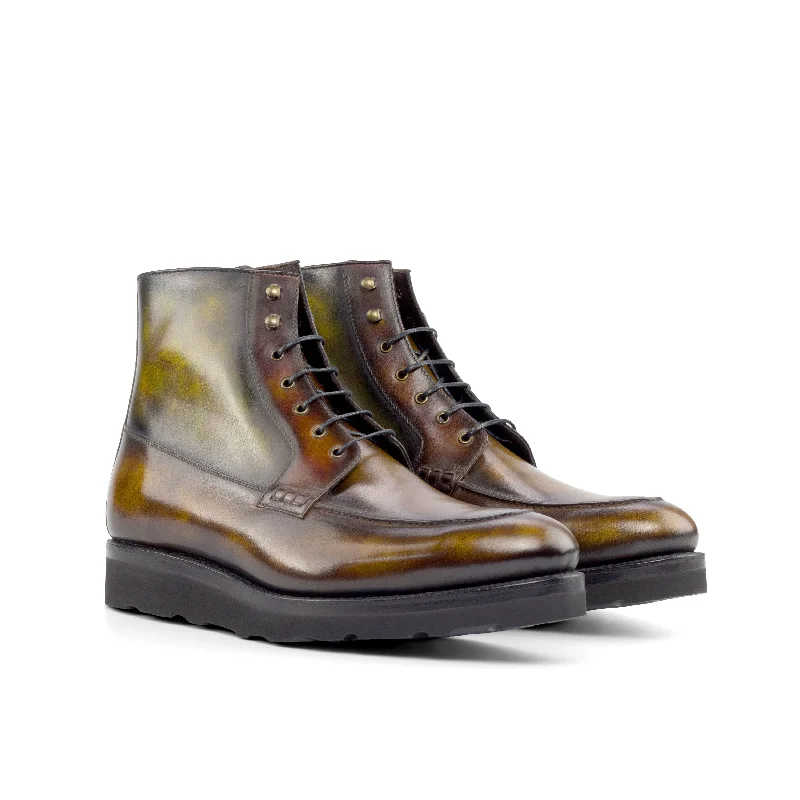 DapperFam Ryker in Dark Brown / Fire / Green / Tobacco Men's Italian Leather & Hand-Painted Patina Moc Boot Smart - Shoe Functionality Style DapperFam Ryker in Dark Brown / Fire / Green / Tobacco Men's Italian Leather & Hand-Painted Patina Moc Boot Smart - Shoe Functionality Style