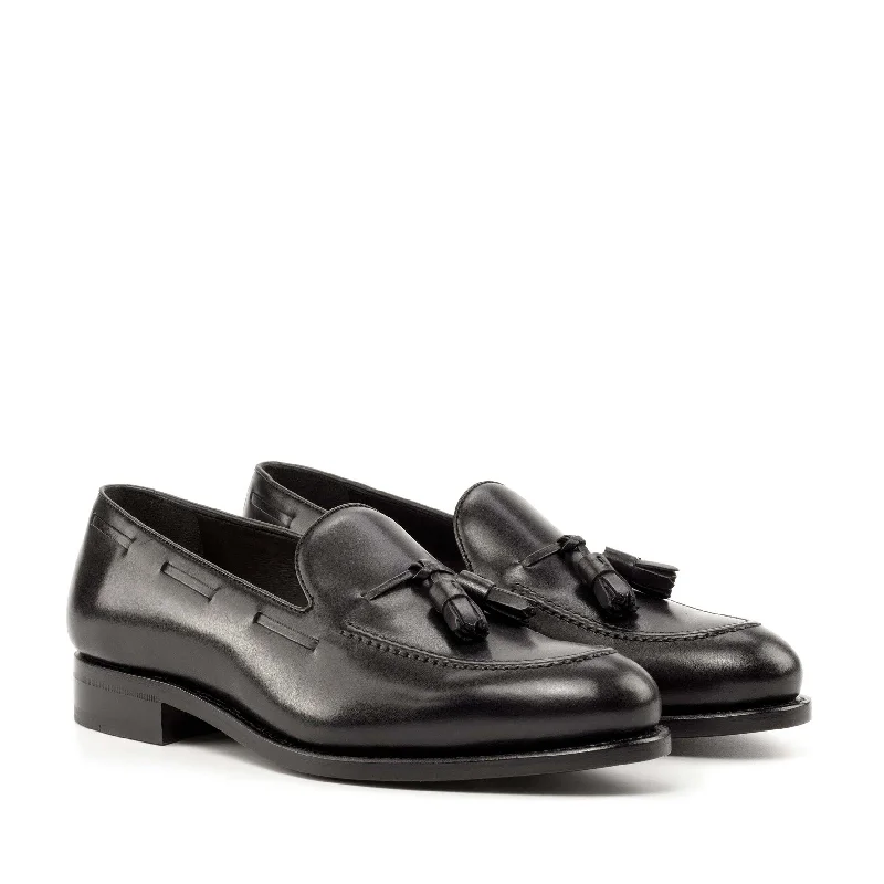 DapperFam Luciano in Black Men's Italian Leather Loafer Tassel Driving Shoe Look 