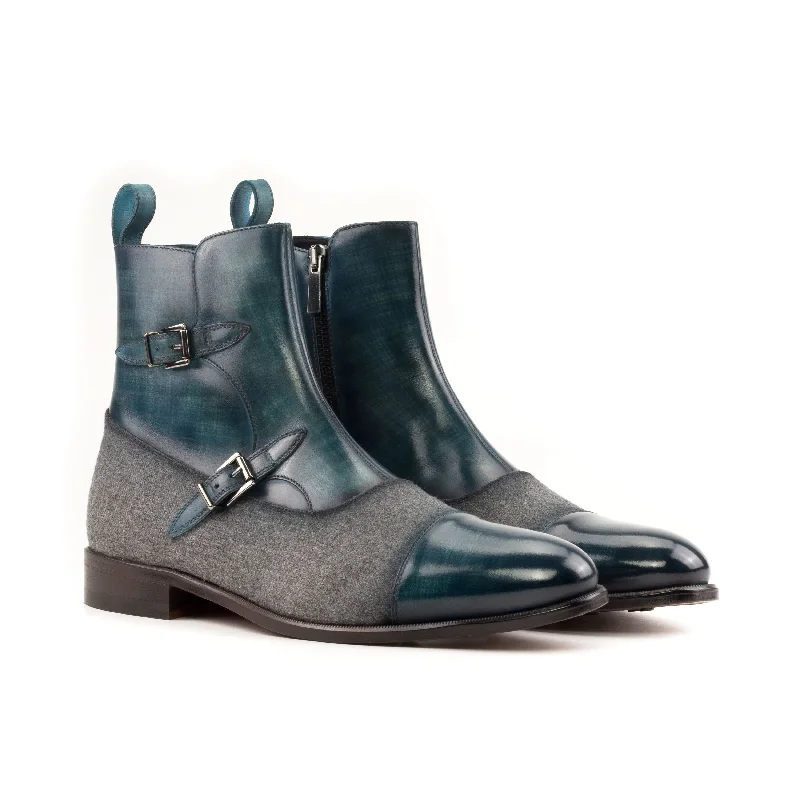 DapperFam Octavian in Turquoise / Light Grey Men's Flannel & Hand-Painted Patina Buckle Boot Hiking Boot Durability Style DapperFam Octavian in Turquoise / Light Grey Men's Flannel & Hand-Painted Patina Buckle Boot Hiking Boot Durability Style