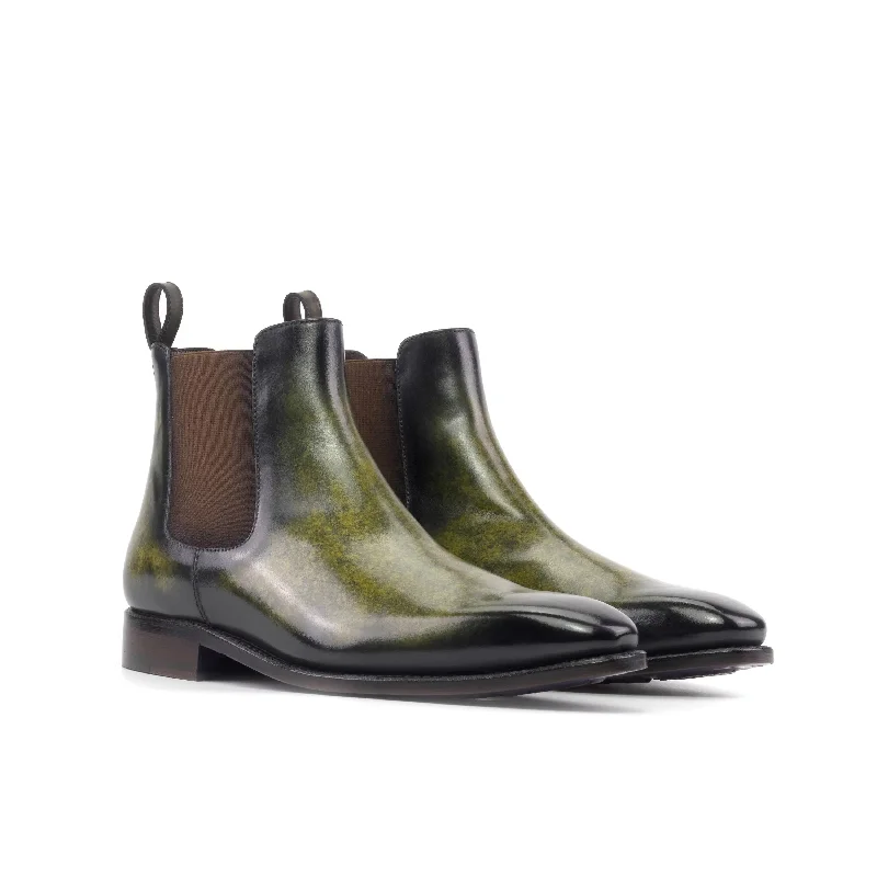 DapperFam Monza in Khaki Men's Hand-Painted Patina Chelsea Boot Cowboy Boot Western Style  