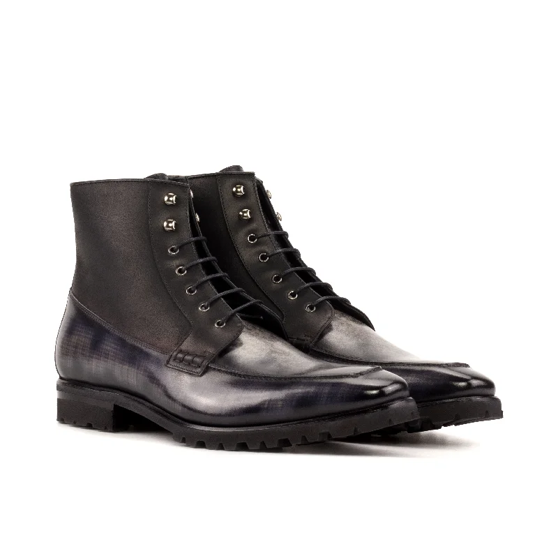 DapperFam Ryker in Black / Grey Men's Italian Leather & Hand-Painted Patina Moc Boot Patchwork Shoe Aesthetic DapperFam Ryker in Black / Grey Men's Italian Leather & Hand-Painted Patina Moc Boot Patchwork Shoe Aesthetic
