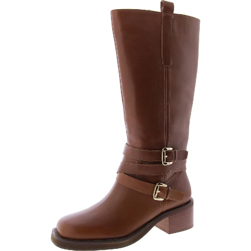 Calin Womens Leather Block Heel Knee-High Boots Striped Shoe Style  