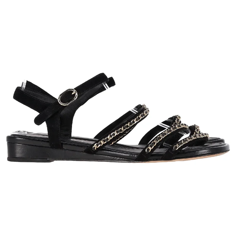 Chanel Interlocking CC Logo Chain Strap Flat Sandals in Black Suede Patchwork Shoe Aesthetic Chanel Interlocking CC Logo Chain Strap Flat Sandals in Black Suede Patchwork Shoe Aesthetic
