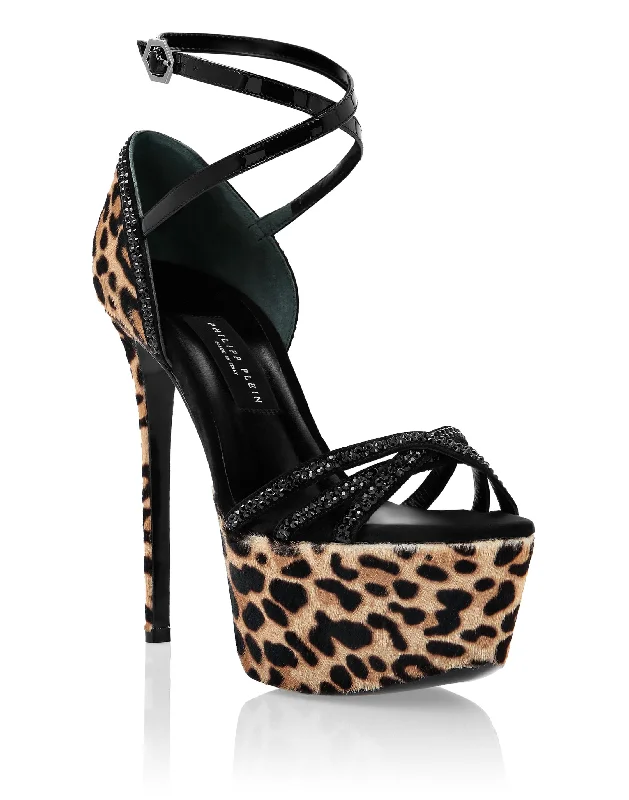 Crystal  Platform Leopard Sandals Strap - Up Sandal Resort Style  