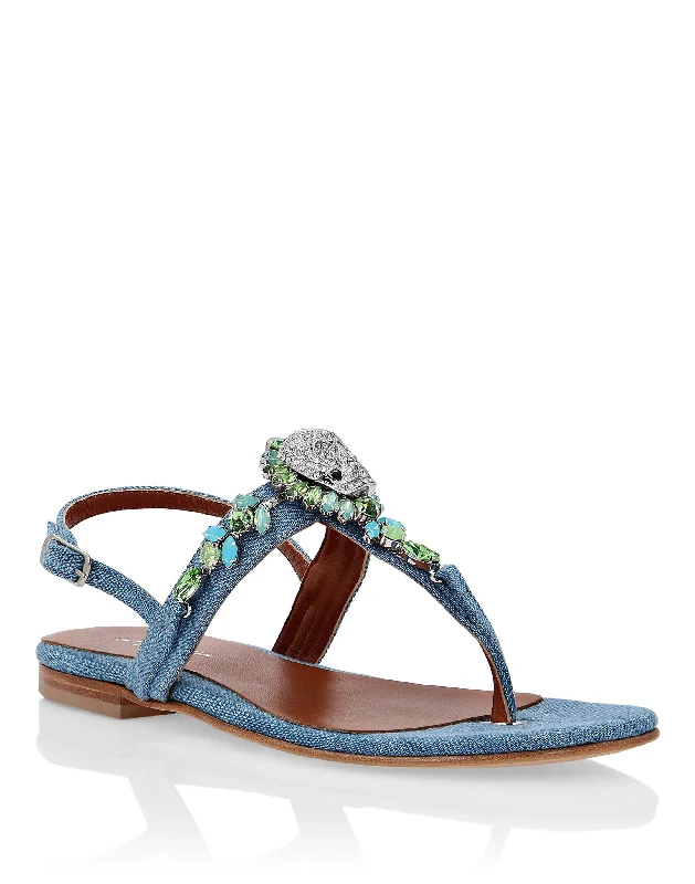 Denim Sandals Flat Crystal Aesthetic  
