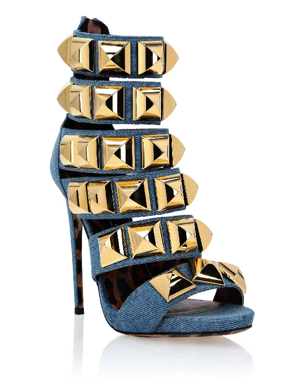 Denim Sandals High Heels Studs Tassel Driving Shoe Look 