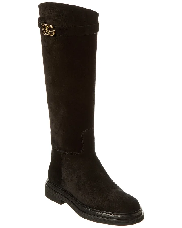 Dolce & Gabbana Logo Suede Knee-High Boot Upcycled Shoe Look  