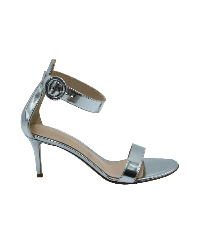 Gianvito Rossi Portofino 70 Sandals in Metallic Silver Leather Two - Tone Shoe Design Gianvito Rossi Portofino 70 Sandals in Metallic Silver Leather Two - Tone Shoe Design