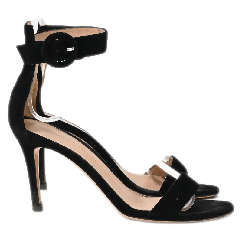 Gianvito Rossi Portofino 85 Ankle Strap Sandal Heels in Black Suede Tech - Inspired Sneaker Look Gianvito Rossi Portofino 85 Ankle Strap Sandal Heels in Black Suede Tech - Inspired Sneaker Look