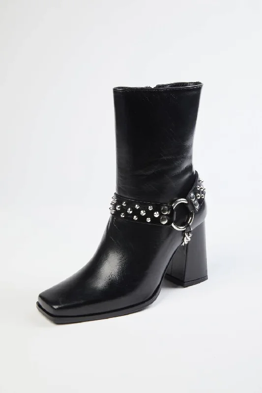 Heeled Boots With Removable Jewel In Black Leather Driving Shoe Style  